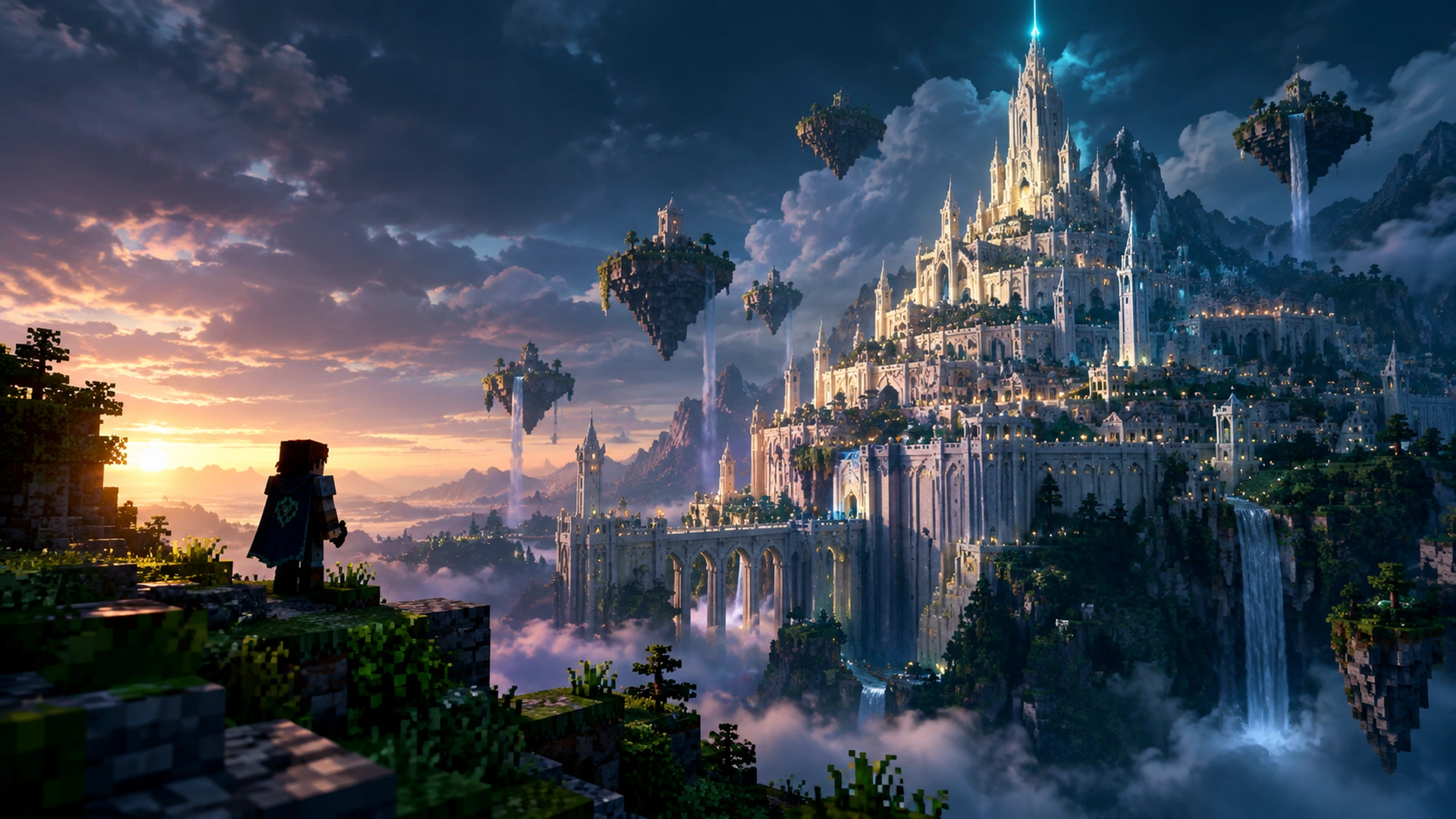 A vast voxel-built fantasy citadel with floating islands and waterfalls